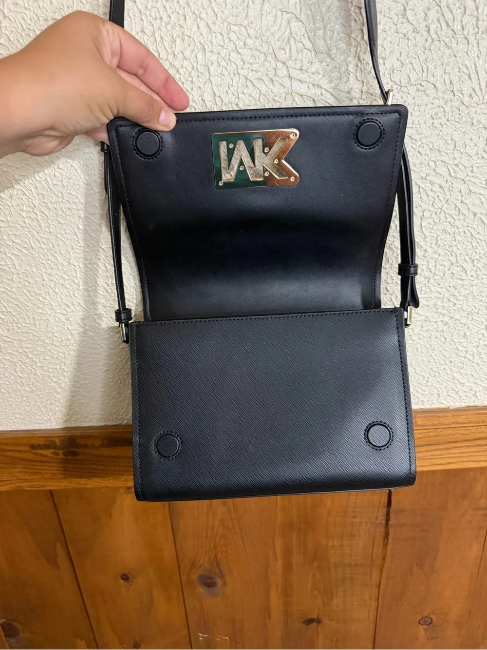 Michael Kors Black Leather Crossbody with Gold MK Emblem